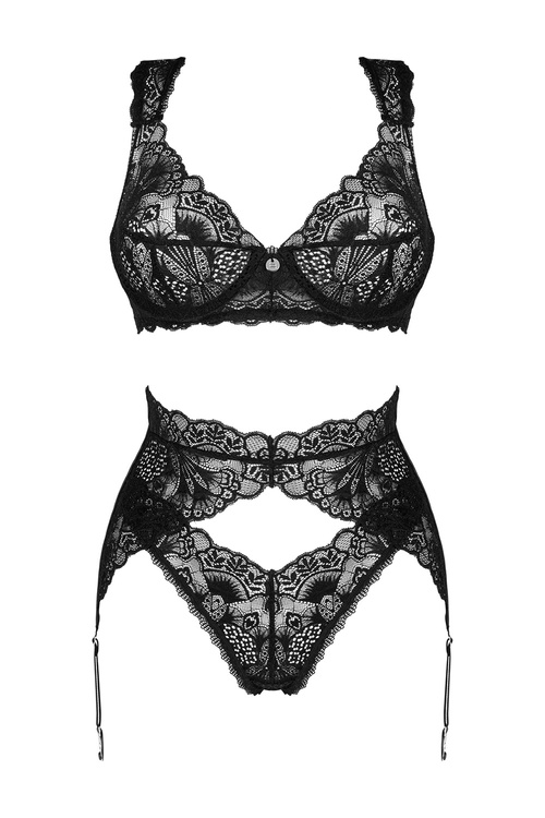 Obsessive Donna Dream 3-pcs set Nocna komplet biustonosz + stringi + pas do pończoch, czarny