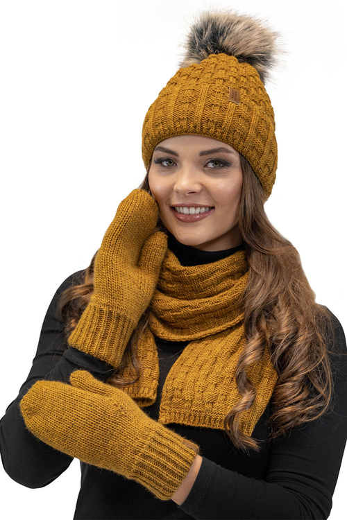 Vivisence 7015 Kmpl+R Komplet czapka+szalik+rękawiczki, ciemny żółty