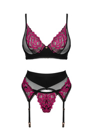 Obsessive Rosenty 3-pcs set Nocna komplet biustonosz + stringi + pas do pończoch, czarny