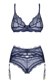 Obsessive Nightly Blue 3-pcs set Nocna komplet biustonosz + stringi + pas do pończoch, navy blue
