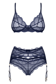 Obsessive Nightly Blue 3-pcs set Nocna komplet biustonosz + stringi + pas do pończoch, navy blue