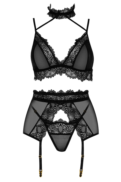 Beauty Night Velvet Sin set BN6761 Нічна комплект: бюстгальтер + стрінги + пояс для панчіх, чорний