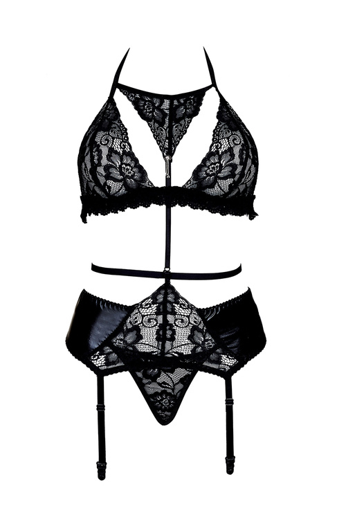 Beauty Night Alanis set BN6597 Нічна комплект: бюстгальтер + стрінги + пояс для панчіх, чорний