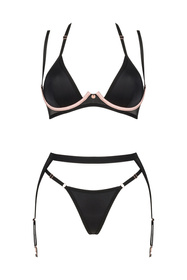 Obsessive Selinne 3-pcs set Nocna komplet biustonosz + stringi + pas do pończoch, czarny