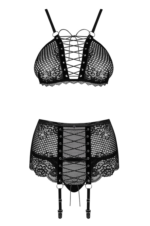 Obsessive Basitta 3-pcs set Nocna komplet biustonosz + stringi + pas do pończoch, czarny