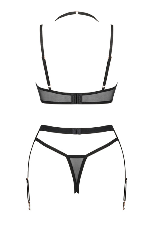 Obsessive Selinne 3-pcs set Nocna komplet biustonosz + stringi + pas do pończoch, czarny