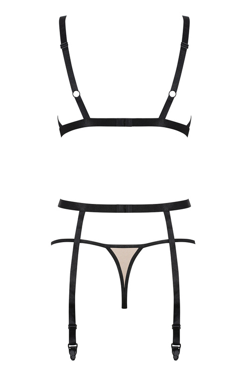 Obsessive Nudelia Noir 3-pcs set Nocna komplet biustonosz + stringi + pas do pończoch, beżowy