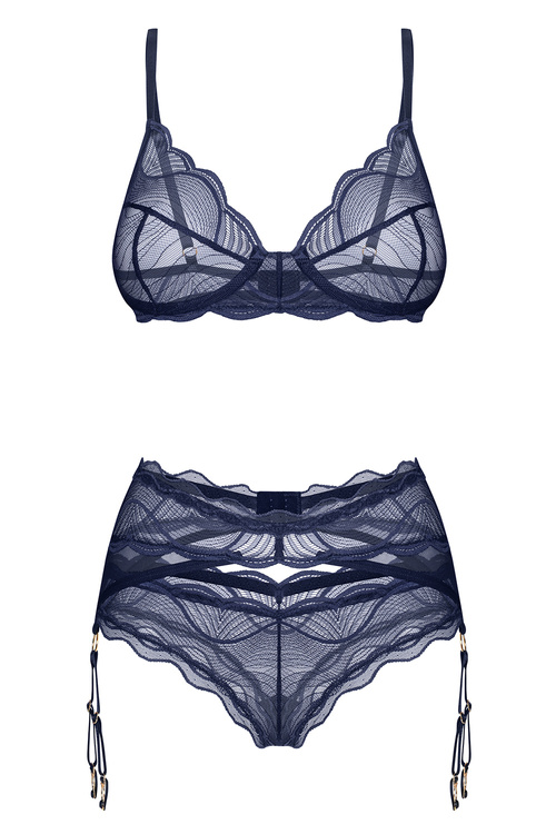 Obsessive Nightly Blue 3-pcs set Nocna komplet biustonosz + stringi + pas do pończoch, navy blue