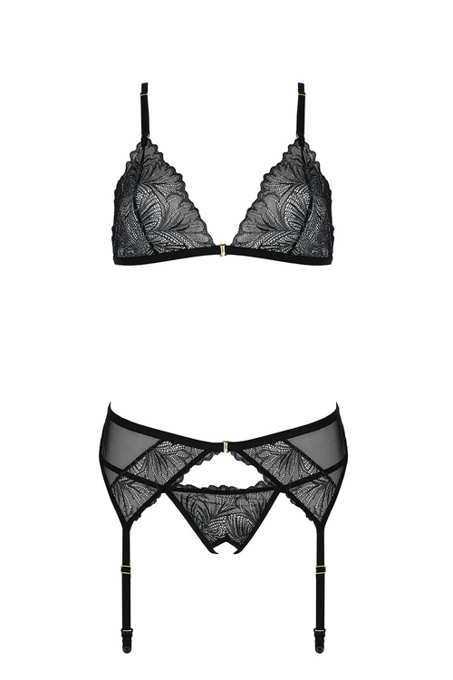 Passion Deliena set Nocna komplet biustonosz + stringi + pas do pończoch, black