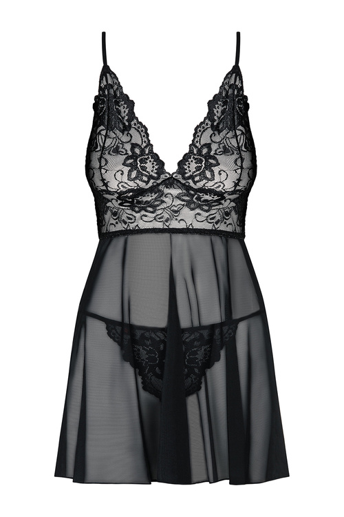Obsessive Idillia babydoll Nocna komplet koszulka + stringi, black