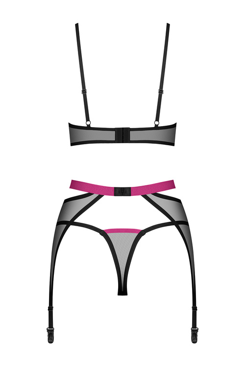 Obsessive Novenes 3-pcs set Nocna komplet biustonosz + stringi + pas do pończoch, black