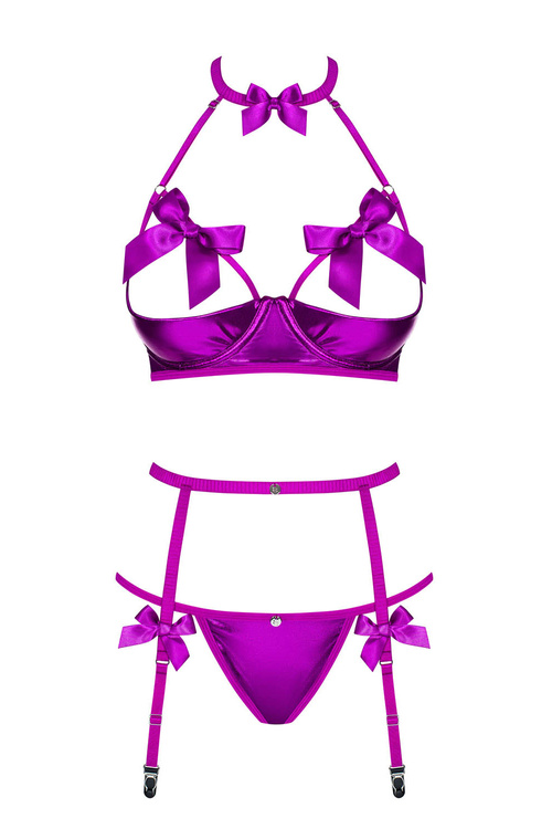 Obsessive Delishya 3-pcs set Nocna komplet biustonosz + stringi + pas do pończoch, fioletowy