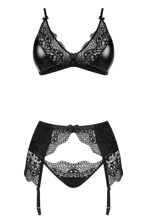 Beauty Night Obsidian Desire set BN6749 Нічна комплект: бюстгальтер + стрінги + пояс для панчіх, чорний