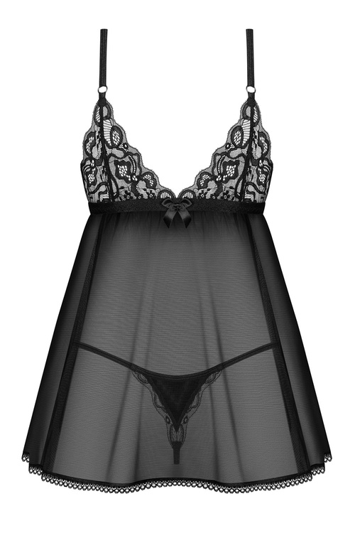 Obsessive Blomentis babydoll and thong Nocna komplet koszulka + stringi, czarny