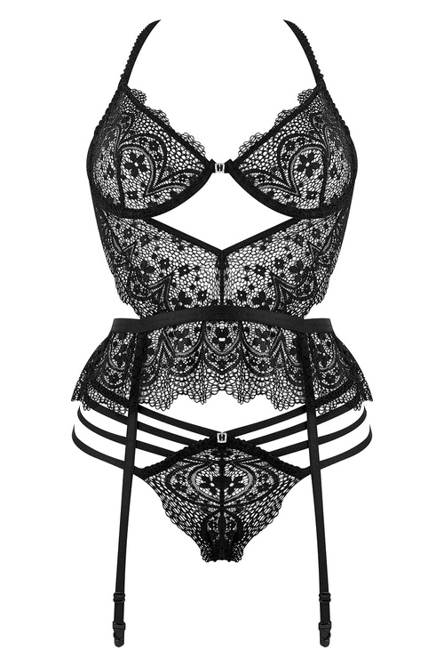 Beauty Night Lace Temptation BN6746 Нічна комплект: бюстгальтер + стрінги + пояс для панчіх, чорний