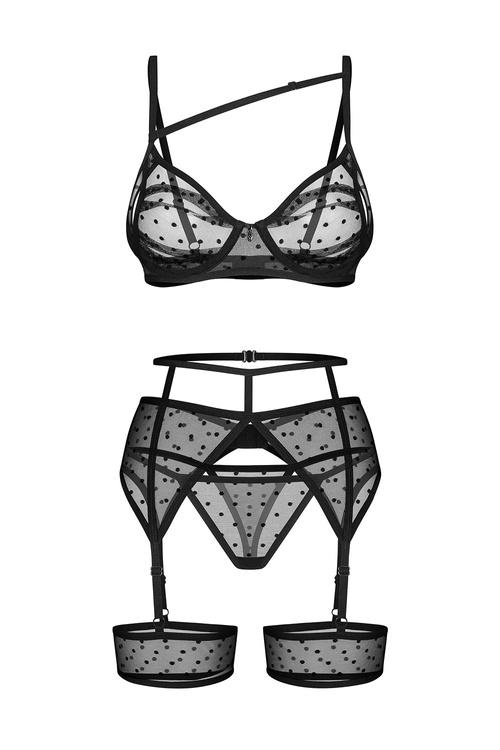 Obsessive Nuites 3-pcs set Nocna komplet biustonosz + stringi + pas do pończoch, black