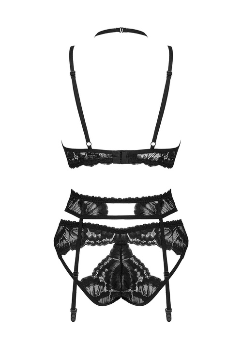 Obsessive Alessya set Nocna komplet biustonosz + figi + pas do pończoch, czarny