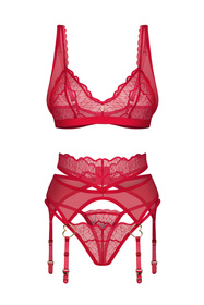 Obsessive Cupide Desir 3-pcs set Nocna komplet biustonosz + stringi + pas do pończoch, red