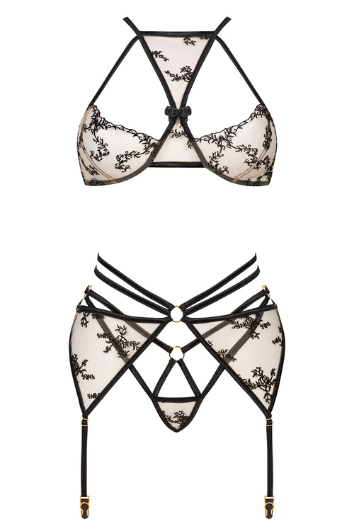 Beauty Night Aisha set BN6691 Нічна комплект: бюстгальтер + стрінги + пояс для панчіх, чорний