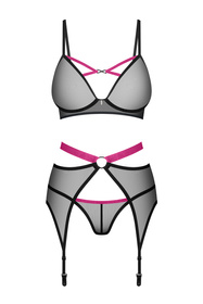 Obsessive Novenes 3-pcs set Nocna komplet biustonosz + stringi + pas do pończoch, black