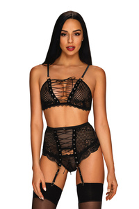 Obsessive Basitta 3-pcs set Nocna komplet biustonosz + stringi + pas do pończoch, czarny