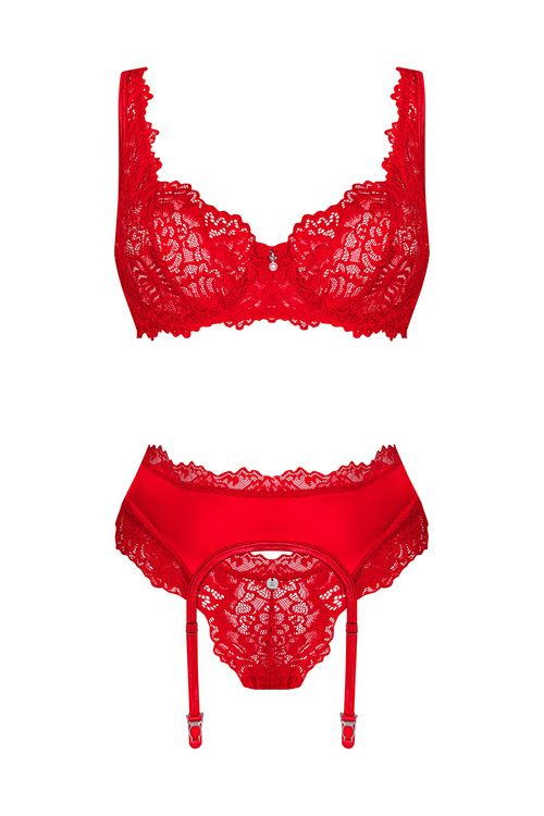 Obsessive Amor Cherris 3-pcs set Nocna komplet biustonosz + stringi + pas do pończoch, czerwony