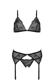 Passion Deliena set Nocna komplet biustonosz + stringi + pas do pończoch, black