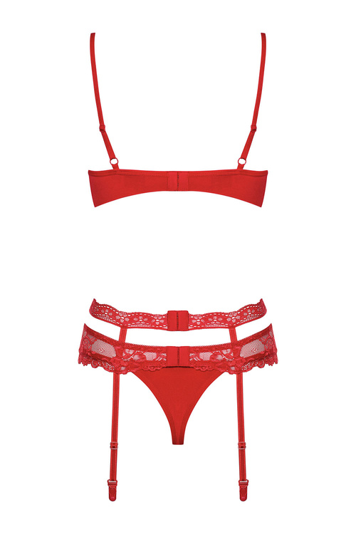 Obsessive Heartina set Nocna komplet biustonosz + stringi + pas do pończoch, czerwony