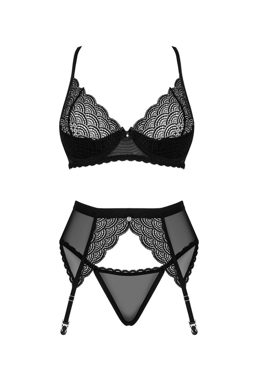Obsessive Chemeris 3-pcs set Nocna komplet biustonosz + stringi + pas do pończoch, czarny