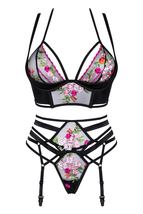 Beauty Night Joanna set BN6685 Нічна комплект: бюстгальтер + стрінги + пояс для панчіх, чорний