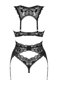 Obsessive Donna Dream 3-pcs set Nocna komplet biustonosz + stringi + pas do pończoch, czarny