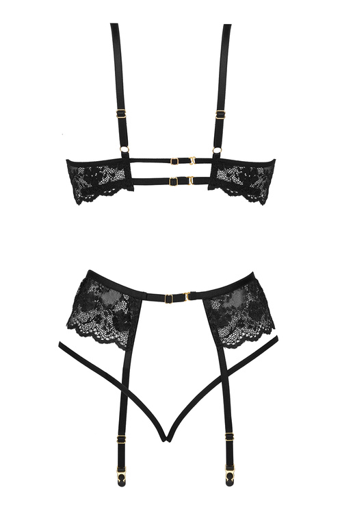 Beauty Night Rose set BN6721 Нічна комплект: бюстгальтер + стрінги + пояс для панчіх, чорний