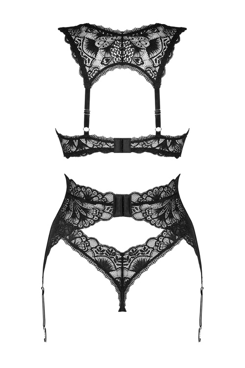 Obsessive Donna Dream 3-pcs set Nocna komplet biustonosz + stringi + pas do pończoch, czarny