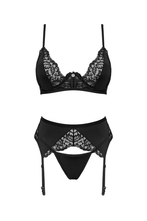 Obsessive Bellastia 3-pcs set Nocna komplet biustonosz + stringi + pas do pończoch, czarny