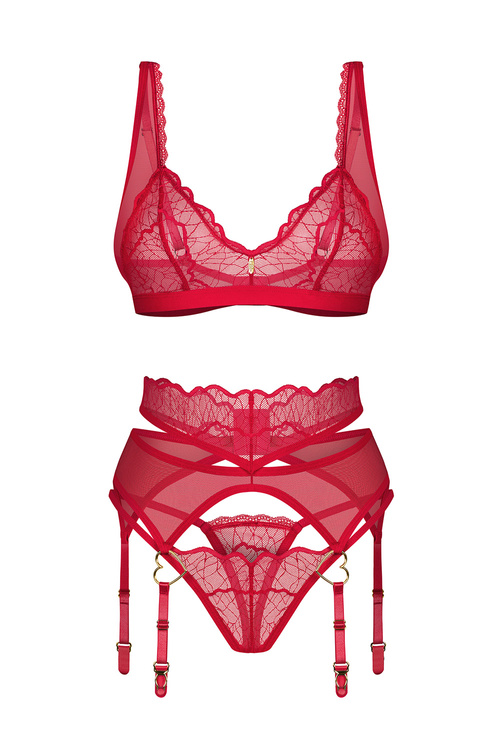 Obsessive Cupide Desir 3-pcs set Nocna komplet biustonosz + stringi + pas do pończoch, red