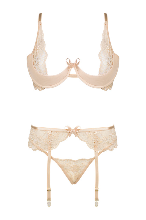 Beauty Night Rose set BN6725 Нічна комплект: бюстгальтер + стрінги + пояс для панчіх, бежевий