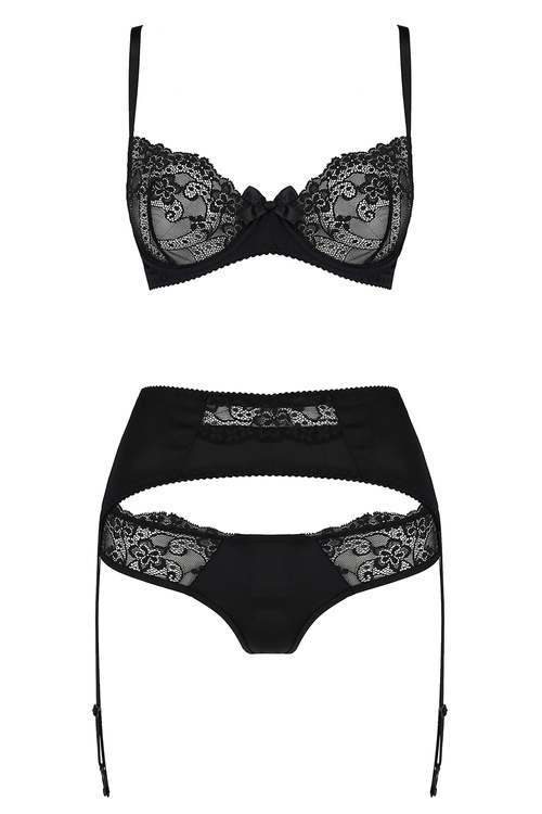 Avanua Aya set Nocna komplet biustonosz + figi + pas do pończoch, black