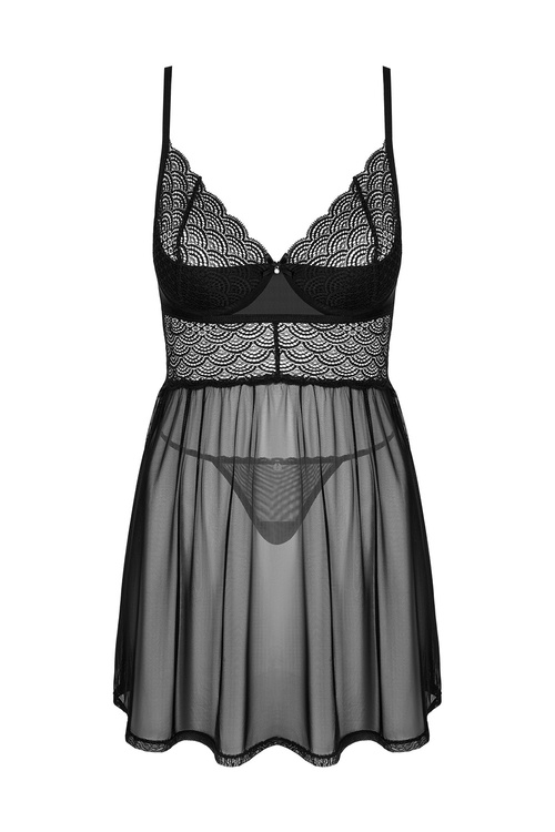 Obsessive Chemeris babydoll Nocna komplet koszulka + stringi, czarny