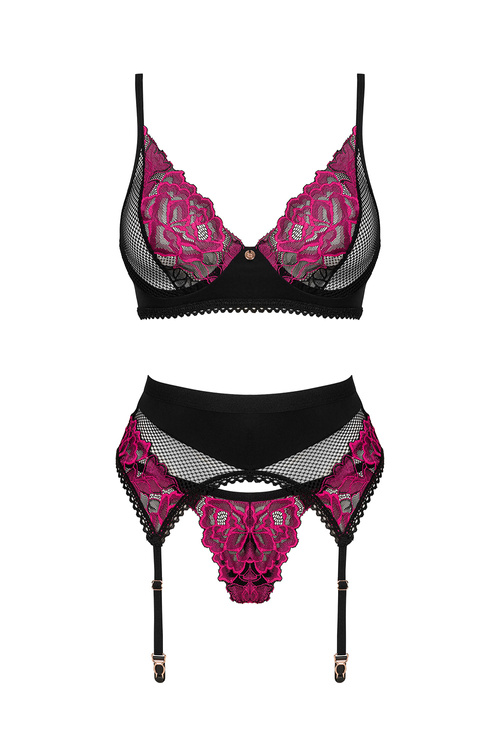 Obsessive Rosenty 3-pcs set Nocna komplet biustonosz + stringi + pas do pończoch, czarny