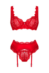 Obsessive Amor Cherris 3-pcs set Nocna komplet biustonosz + stringi + pas do pończoch, czerwony