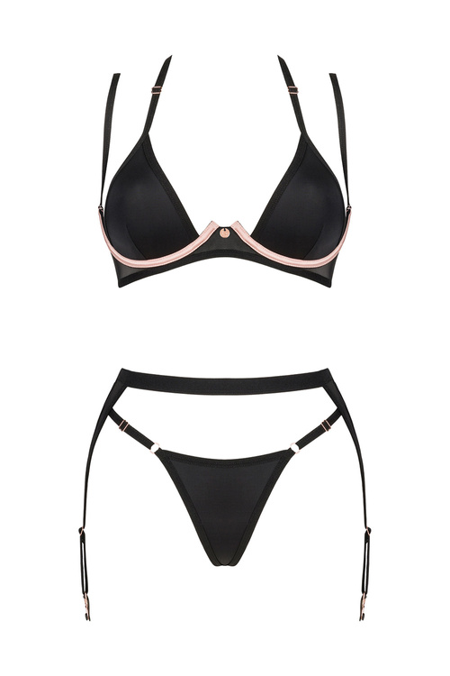 Obsessive Selinne 3-pcs set Nocna komplet biustonosz + stringi + pas do pończoch, czarny