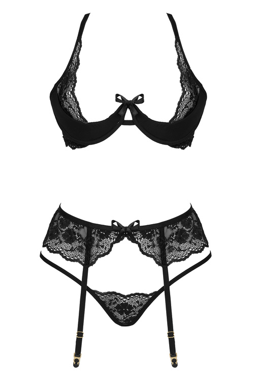 Beauty Night Rose set BN6721 Нічна комплект: бюстгальтер + стрінги + пояс для панчіх, чорний