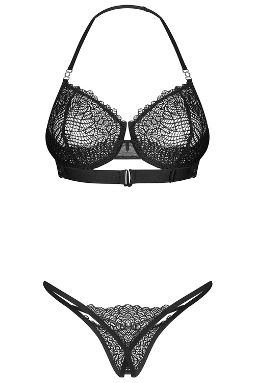 Obsessive Iliosa 2-pcs crotchless set Nocna komplet biustonosz + stringi, czarny