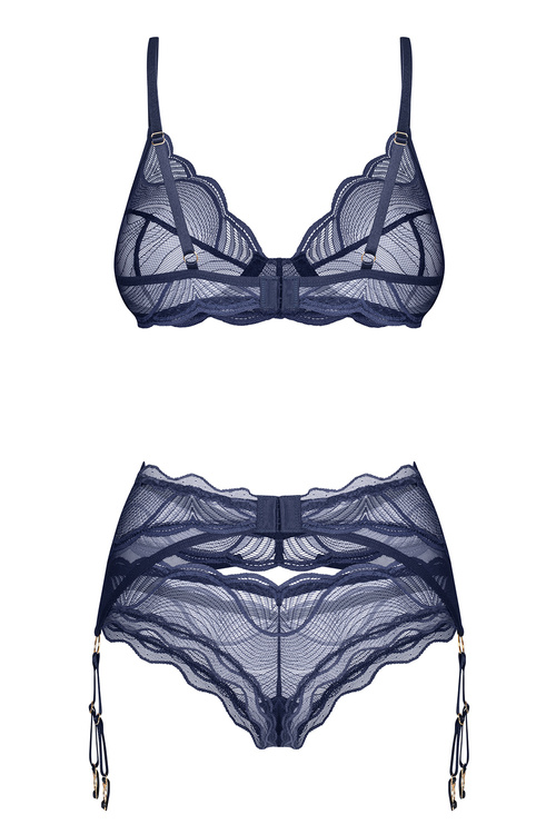 Obsessive Nightly Blue 3-pcs set Nocna komplet biustonosz + stringi + pas do pończoch, navy blue