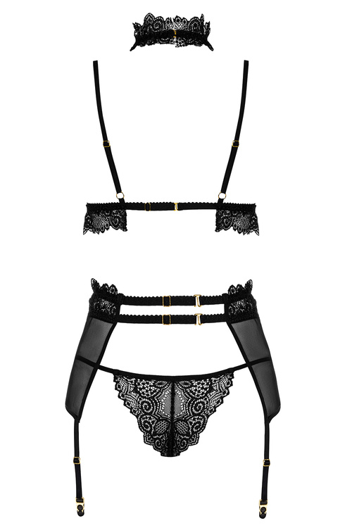 Beauty Night Velvet Sin set BN6761 Нічна комплект: бюстгальтер + стрінги + пояс для панчіх, чорний