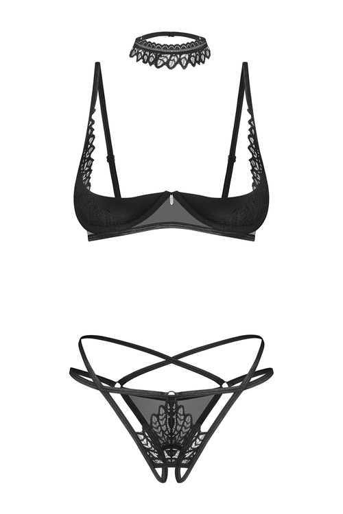 Obsessive Donarella 3-pcs set Nocna komplet półbiustonosz + stringi otwarte, black