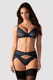 Obsessive Nightly Blue 3-pcs set Nocna komplet biustonosz + stringi + pas do pończoch, navy blue