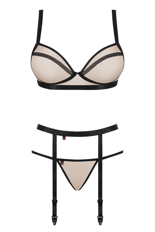 Obsessive Nudelia Noir 3-pcs set Nocna komplet biustonosz + stringi + pas do pończoch, beżowy