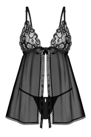 Obsessive Blomentis babydoll and thong Nocna komplet koszulka + stringi, czarny