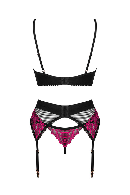 Obsessive Rosenty 3-pcs set Nocna komplet biustonosz + stringi + pas do pończoch, czarny